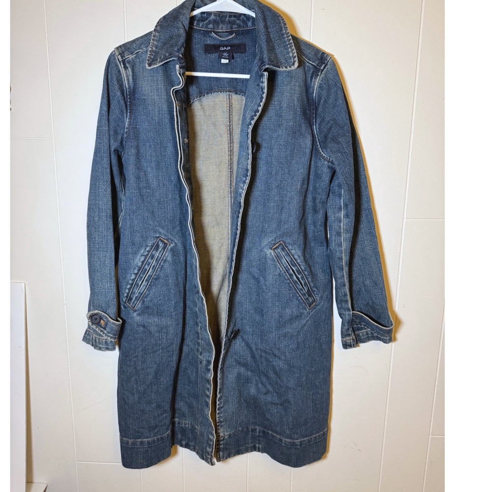 Vintage GAP Denim Trench Coat Womens XS Long Button Up Jean Fall Jacket 2002 Y2K - Picture 2 of 8